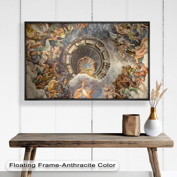 Baroque-style ceiling artwork with concentric architectural elements and a vibrant assembly of celestial beings creating a sense of spiritual ascension.