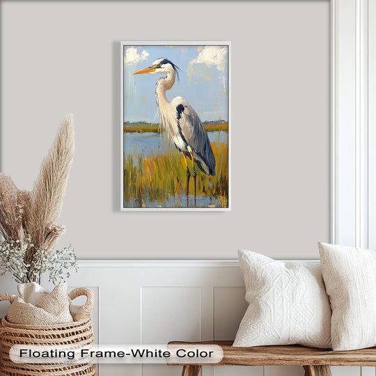 Exhibiting rich color saturation, this modern oil painting art piece displays a heron in sunlit wetlands, creating a vibrant and textured scene.