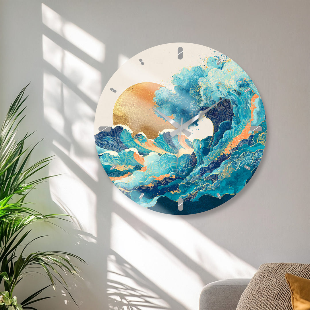 Japanese Wave Glass Wall Clock – Blue Ocean Sunset Art Decor