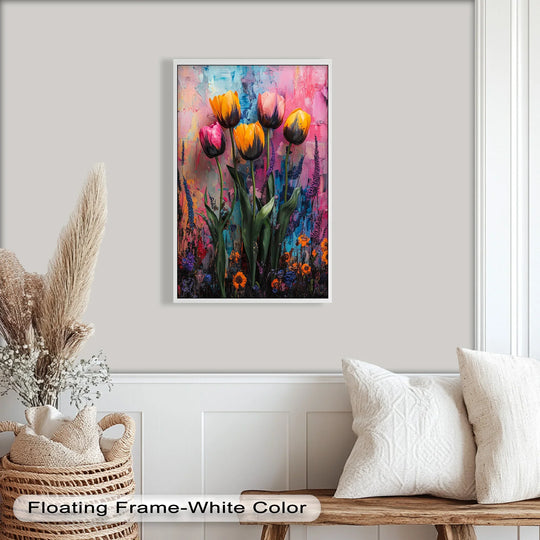 Sharp, converging lines create dimension in this colorful tulip garden oil painting artwork, with geometric shapes defining each flower and petal within the composition.