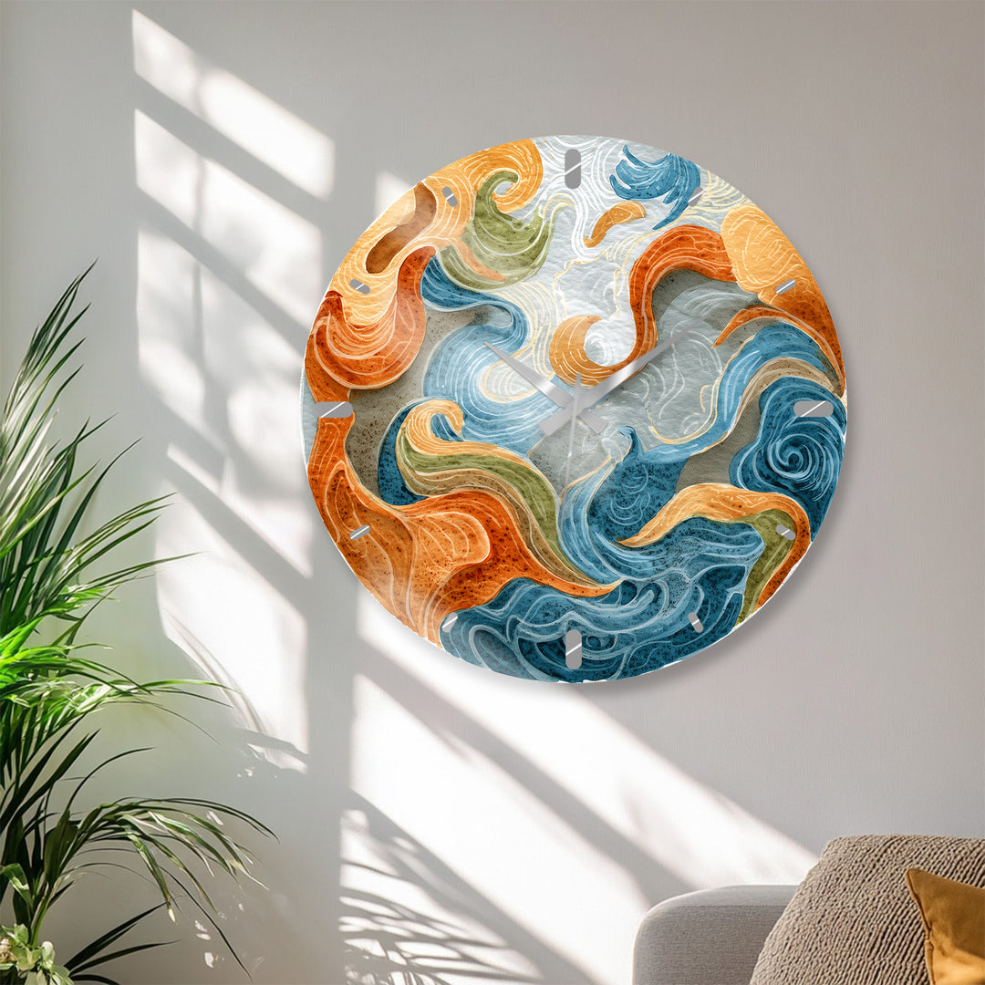 Abstract Ocean Glass Wall Clock – Blue and Orange Wave Art