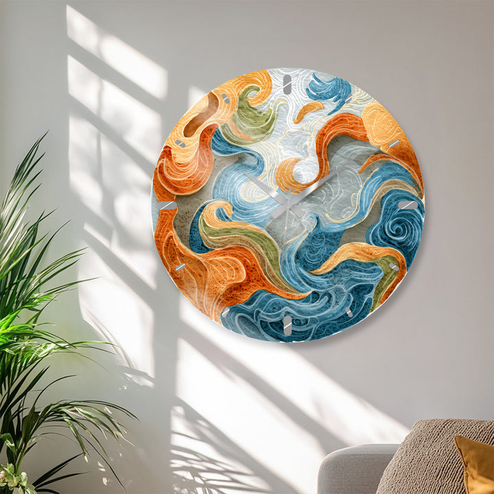 Abstract Ocean Glass Wall Clock – Blue and Orange Wave Art