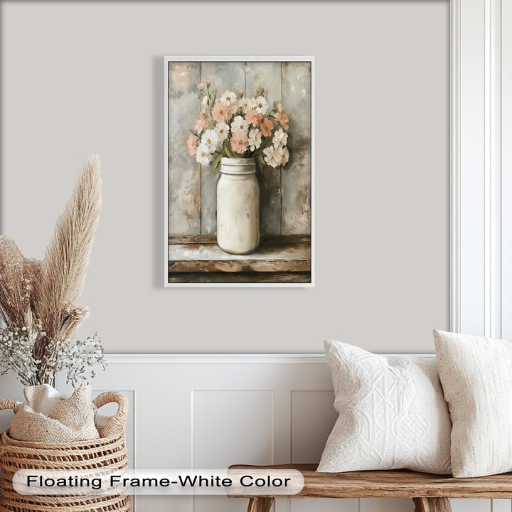 Blush & Cream Blooms – Rustic Mason Jar Flower Oil Painting