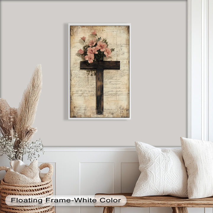 Holzkreuz mit rosa Blüten - Christliches Ölgemälde