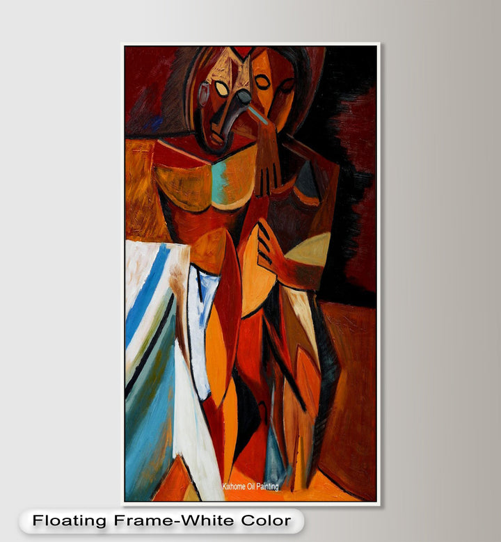 A richly textured painting of two abstracted figures fused together, symbolizing intimacy and emotion through fragmented forms.