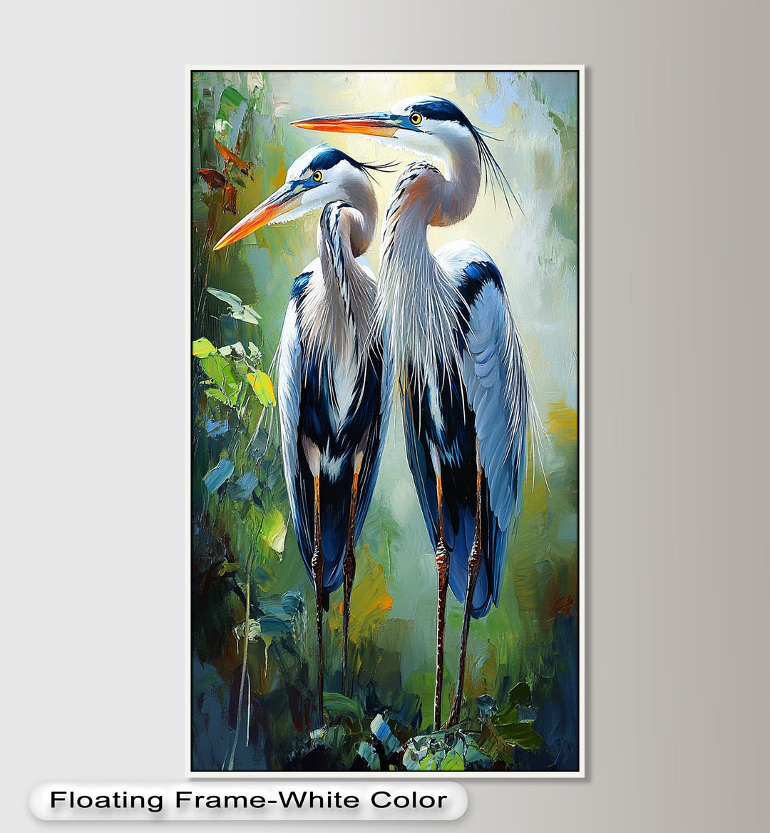 Two Herons Among Verdant Shadows - Animal Oil Painting