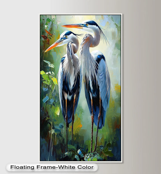 Highlighting the brightest area, this oil painting art piece showcases two herons amidst verdant shadows, a stunning example of animal oil painting brought to life.