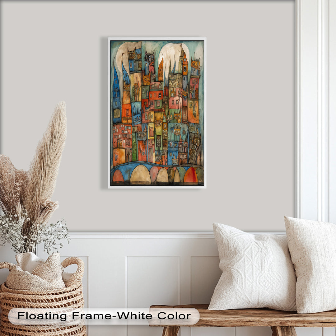 Whimsical Cat Cityscape – Surreal Architecture and Feline Picasso Oil Painting