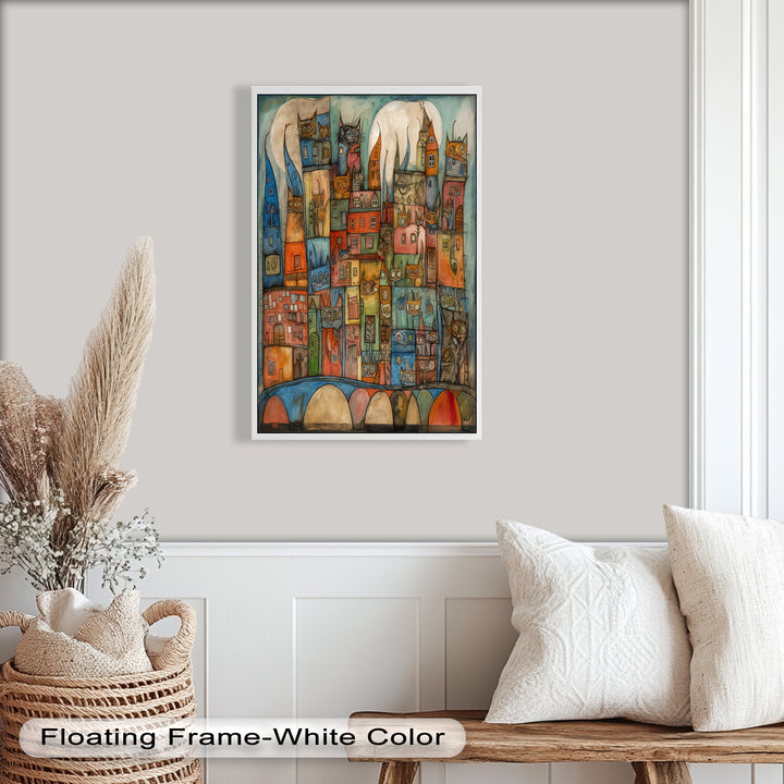 Whimsical Cat Cityscape – Surreal Architecture and Feline Picasso Oil Painting