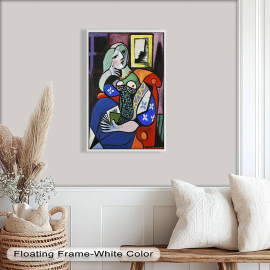 Encasing a vibrant 'Woman with a Book' Picasso-inspired oil painting, the clean white edge and borders enhance this striking piece of oil painting home decor.