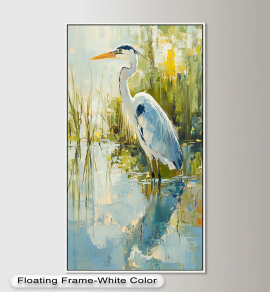 Dramatic color contrast highlights an elegant heron in this animal oil painting art piece, the cool blues of the water playing against the warm yellows of the reeds.