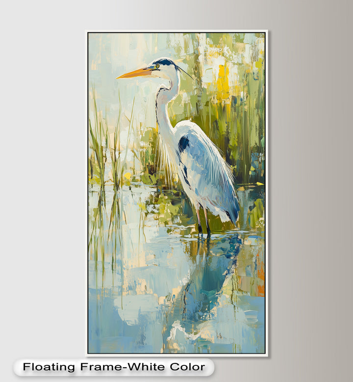 Heron Amid Textured Reflections - Animal Oil Painting