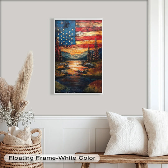 High color saturation highlights the dramatic contrast in this American Flag Sunset Landscape patriotic oil painting wall art, with bold hues reflecting in the tranquil water.