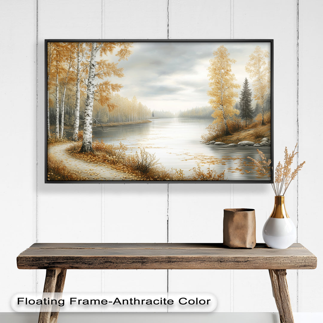 This tranquil autumn landscape painting features a winding forest path beside a calm river, surrounded by golden trees and soft reflections.