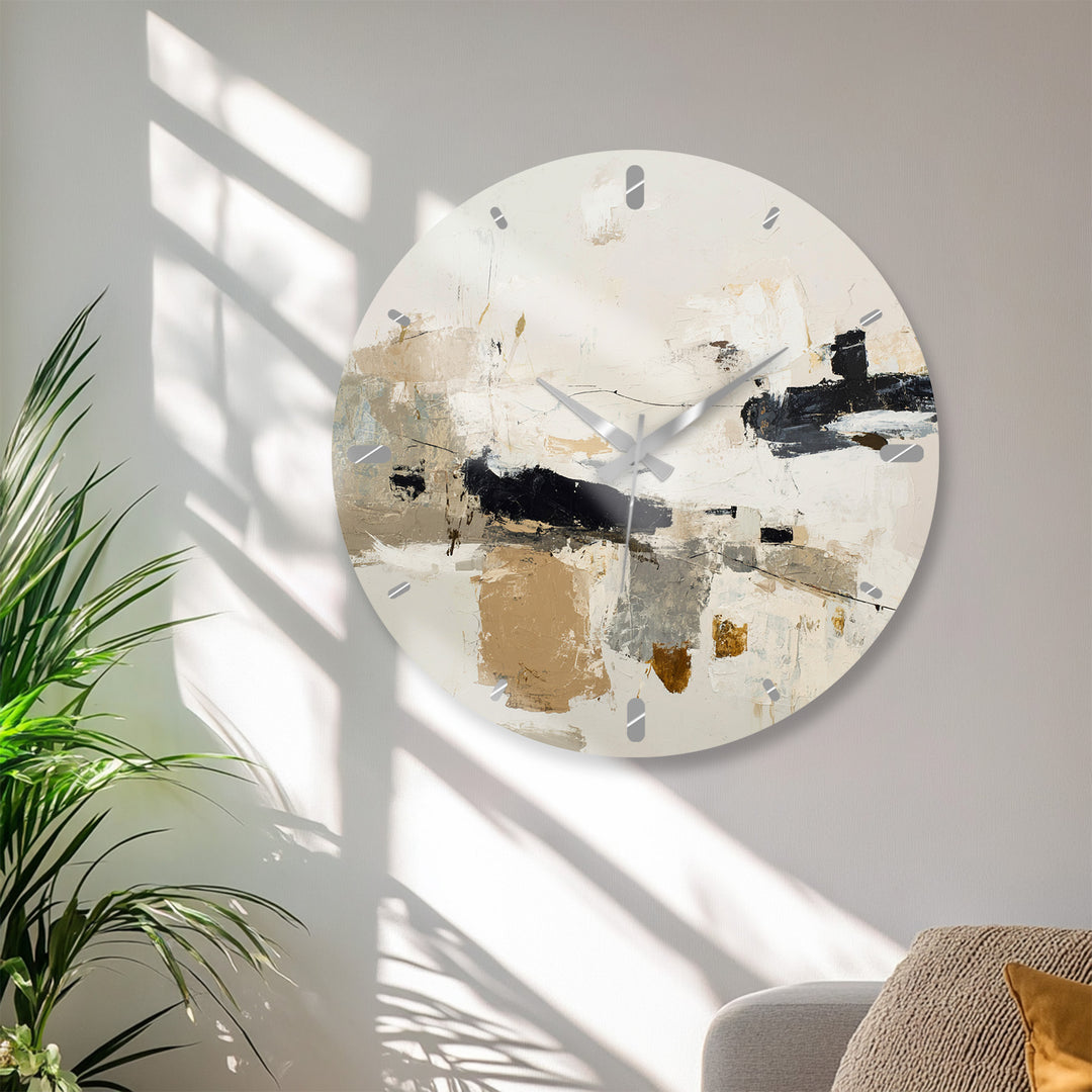 Neutral Abstract Glass Wall Clock – Black and Beige Modern Art
