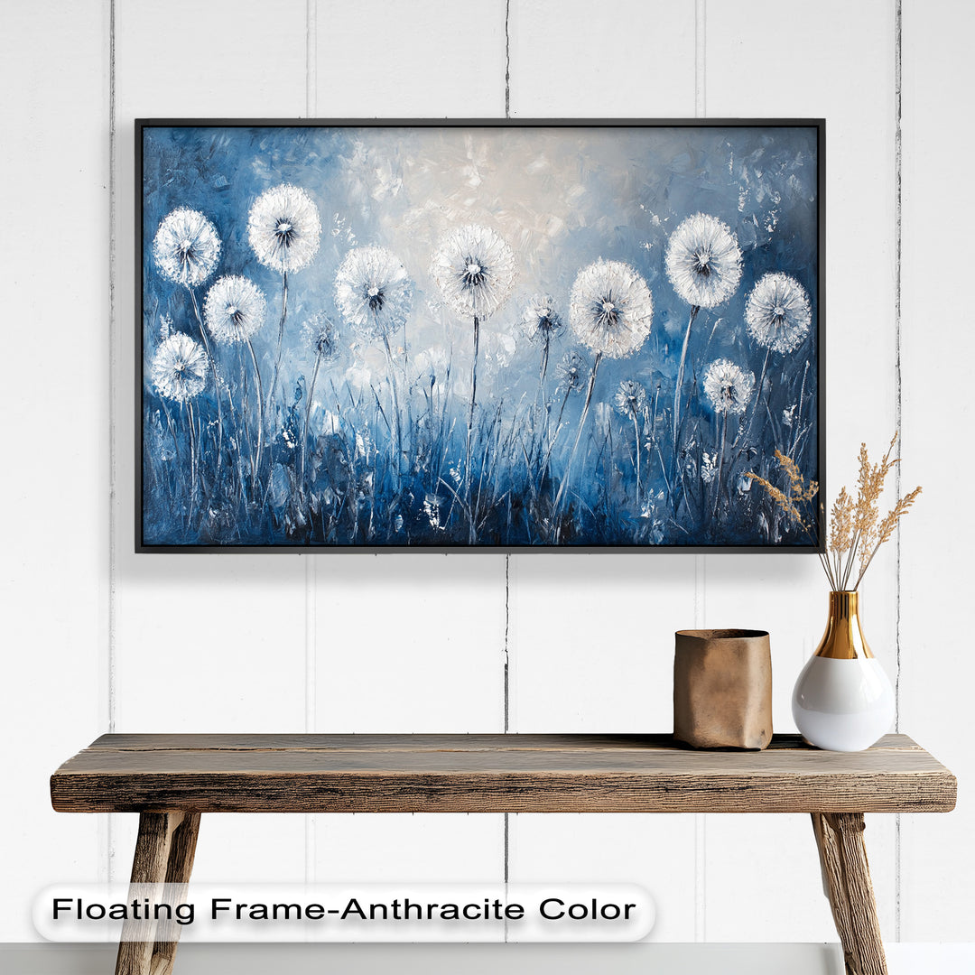 A dreamy abstract painting of white dandelions in a soft blue field, with delicate textures and a calming atmosphere.