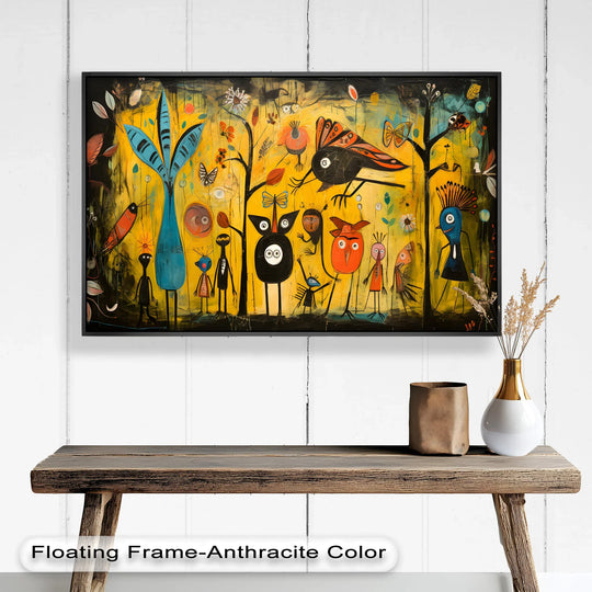 Geometric elements emphasize the whimsical figures in this surreal Picasso-style oil painting decoration, bringing playful abstraction to the forest scene.