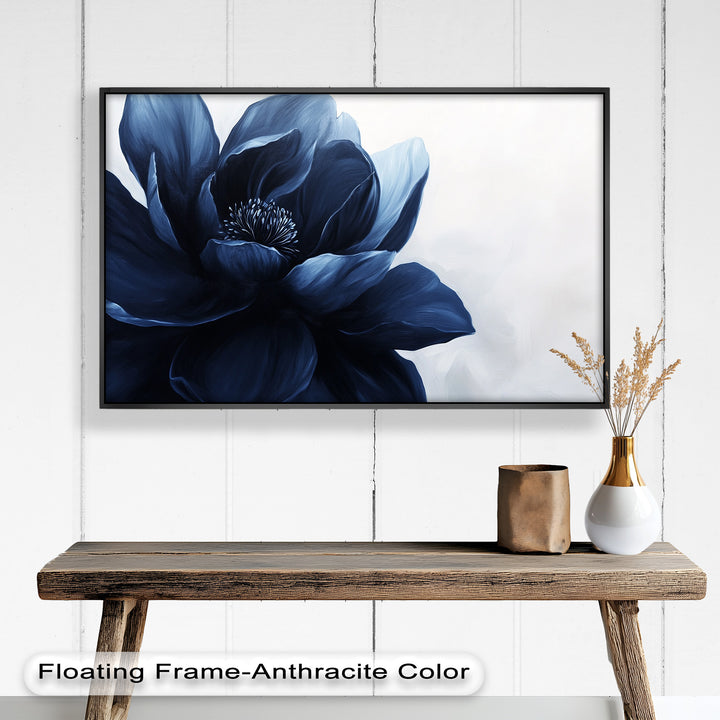 Midnight Bloom Wall Art – Navy Blue Floral Oil Painting