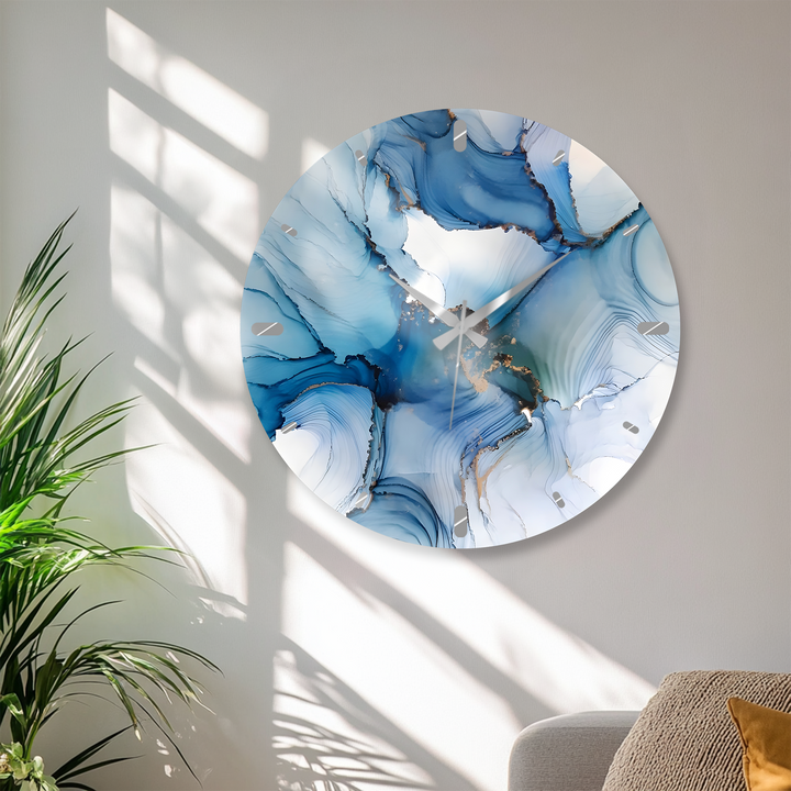 Blaue Marmorglas-Wanduhr – Abstraktes fließendes Kunstdekor