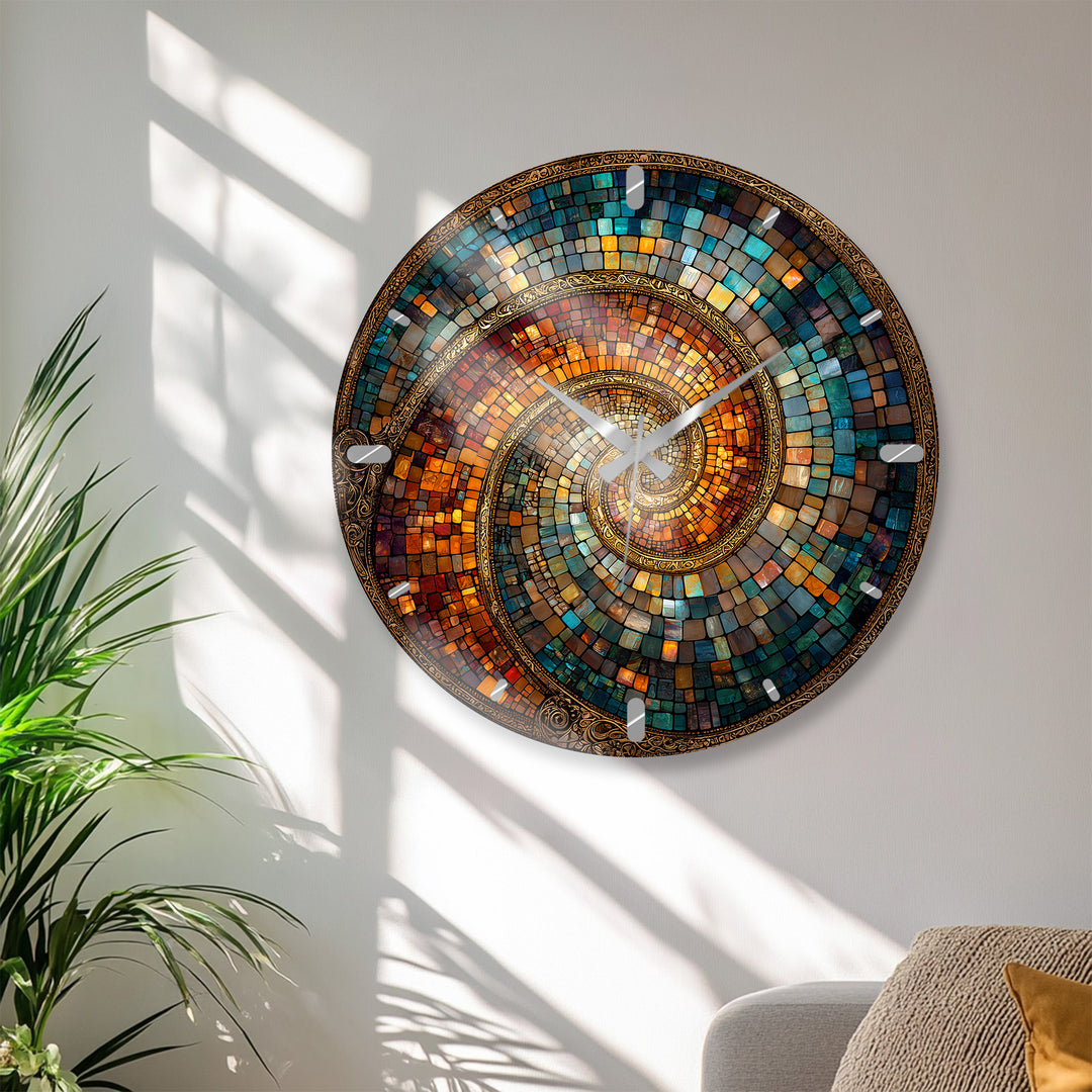 Spiralmosaik-Glaswanduhr – abstrakte Kunst in Blaugrün und Kupfer