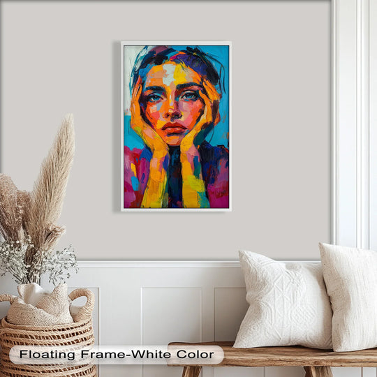 Foreground shows a striking Colored Woman modern oil painting decoration with bold brushstrokes and vibrant colors against a neutral backdrop.