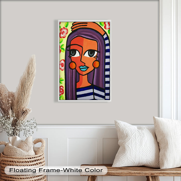 Striped Radiance – Playful Woman with Purple Hair Picasso Oil Painting