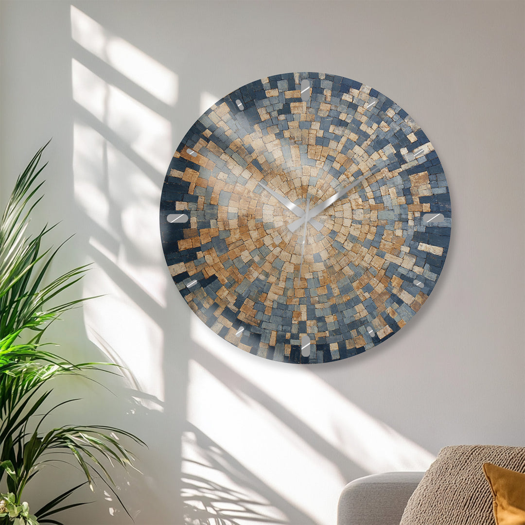 Blue Mosaic Glass Wall Clock – Beige Geometric Circle Art Decor