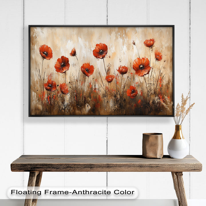 Fiery Meadow – Scarlet Poppies in Earth-Toned Field Flower Oil Painting