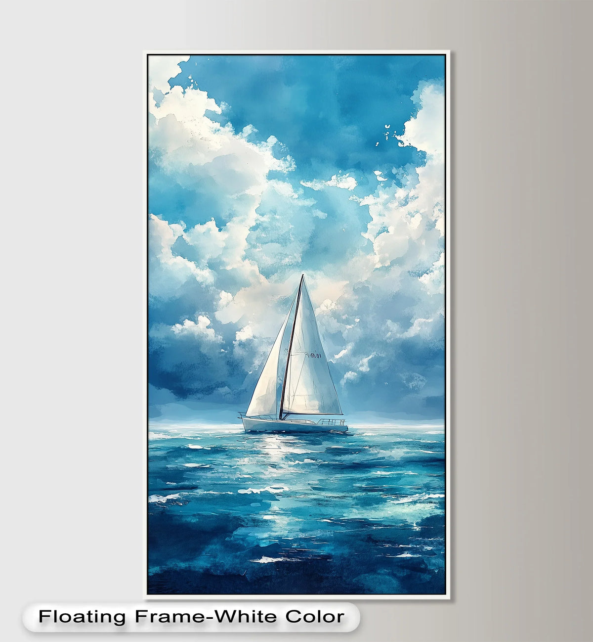 Cool color temperature defines this framed modern oil painting art piece, featuring a sailboat gliding under vibrant blue skies.