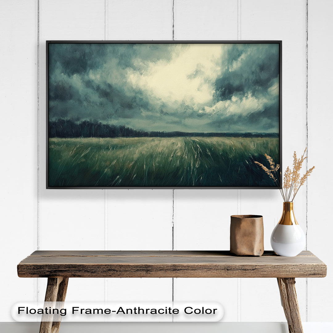 Stormy landscape painting with dramatic clouds over a windswept field.
