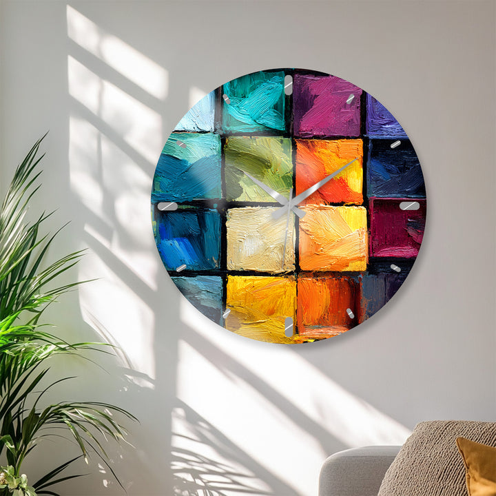 Colorful Abstract Glass Wall Clock – Textured Geometric Painting