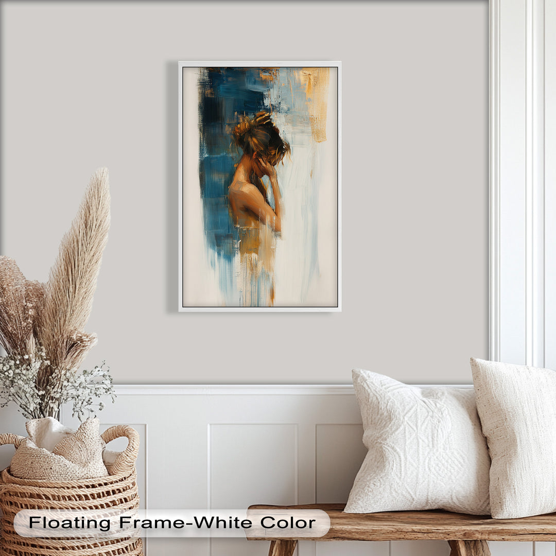 Veil of Thought – Introspective Woman in Blue and Gold Abstract Oil Painting