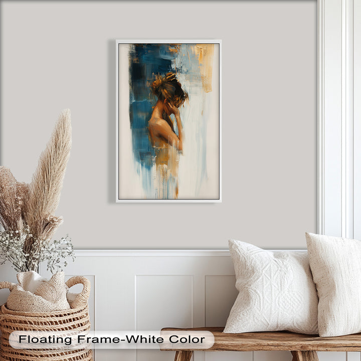 Veil of Thought – Introspective Woman in Blue and Gold Abstract Oil Painting