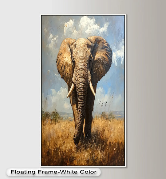 Foreground detail showcases the rich texture of the golden plains in this striking elephant animal oil painting artwork, creating a dramatic contrast against the majestic creature.