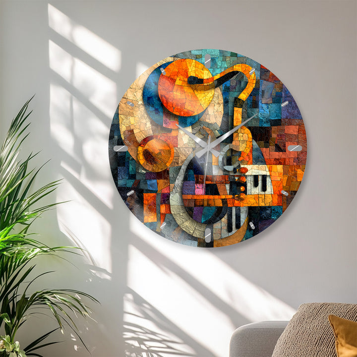 Music Glass Wall Clock – Treble Clef and Piano Mosaic Decor