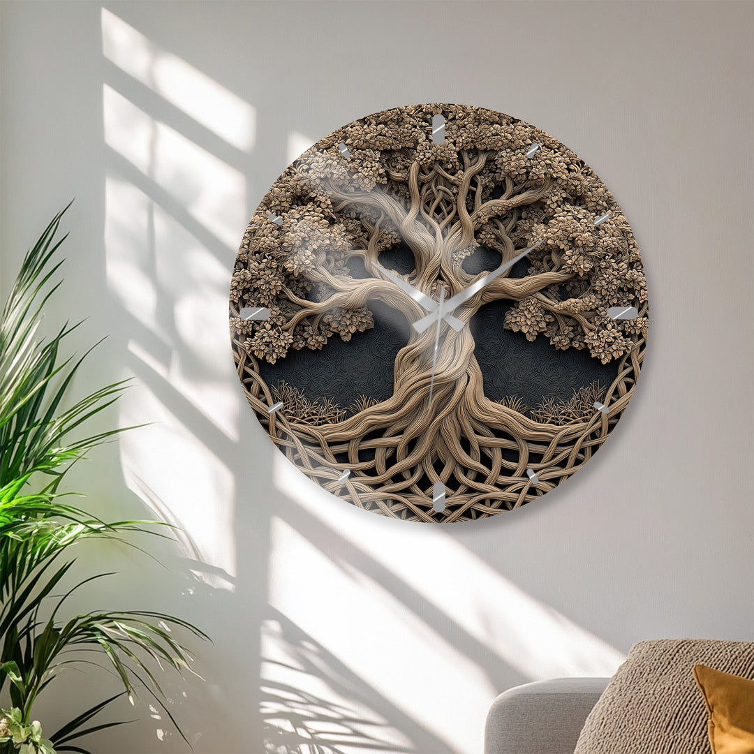 Baum des Lebens Glas-Wanduhr – Rustikale geschnitzte Holzoptik