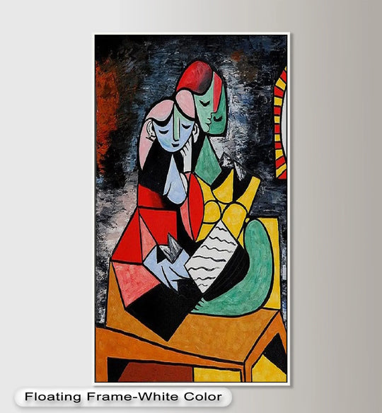 Showcasing the abstract quality with bold colors in this modern Harmony in Color oil painting artwork, reminiscent of Picasso's style with an embracing couple.