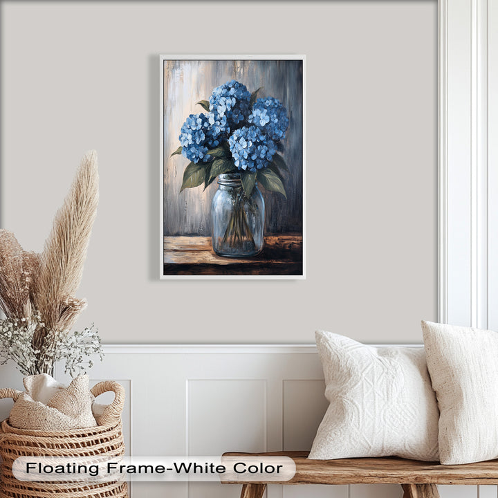 Blaue Gelassenheit – Hortensienblüten im Einmachglas, Blumenölgemälde