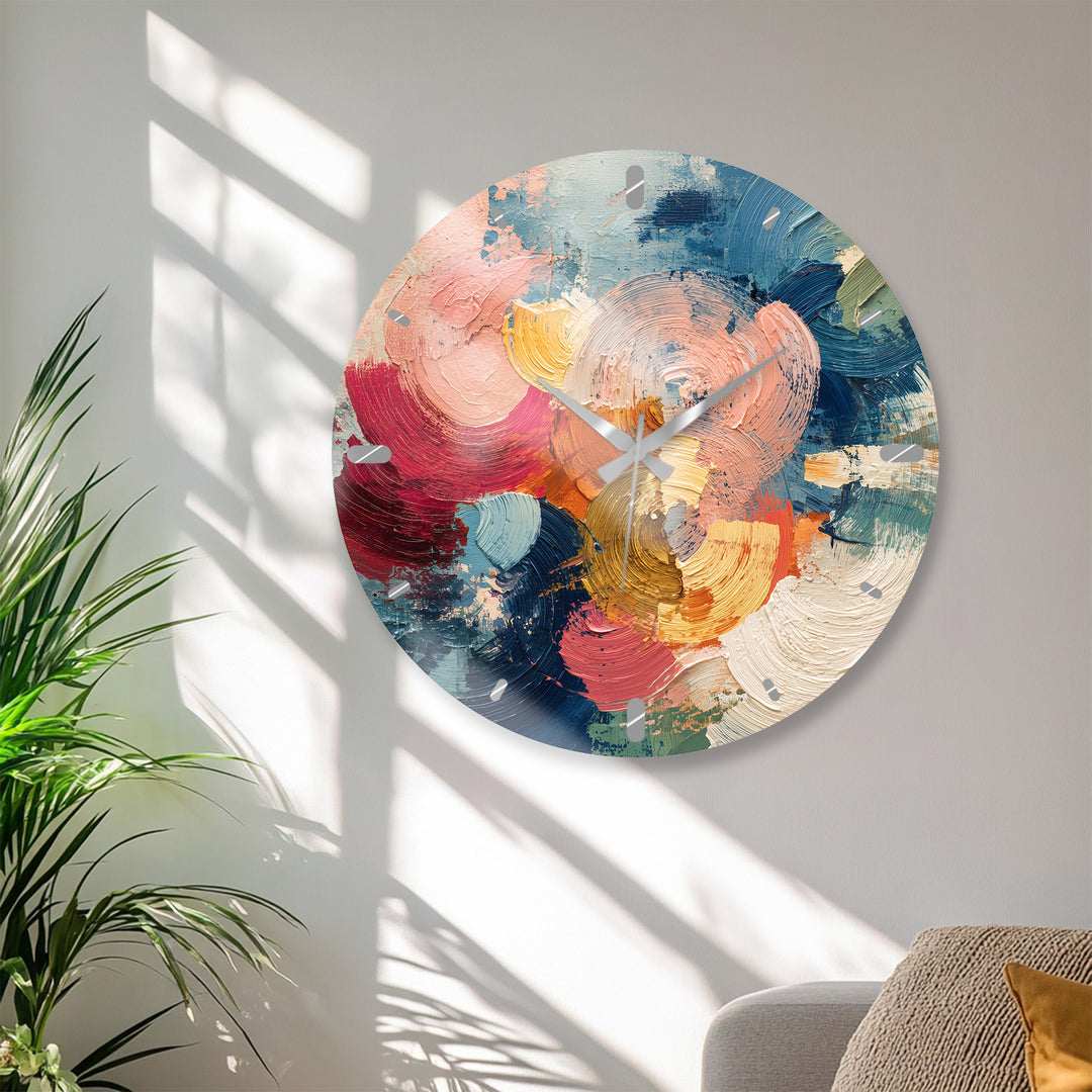 Colorful Abstract Glass Wall Clock – Textured Brushstroke Art