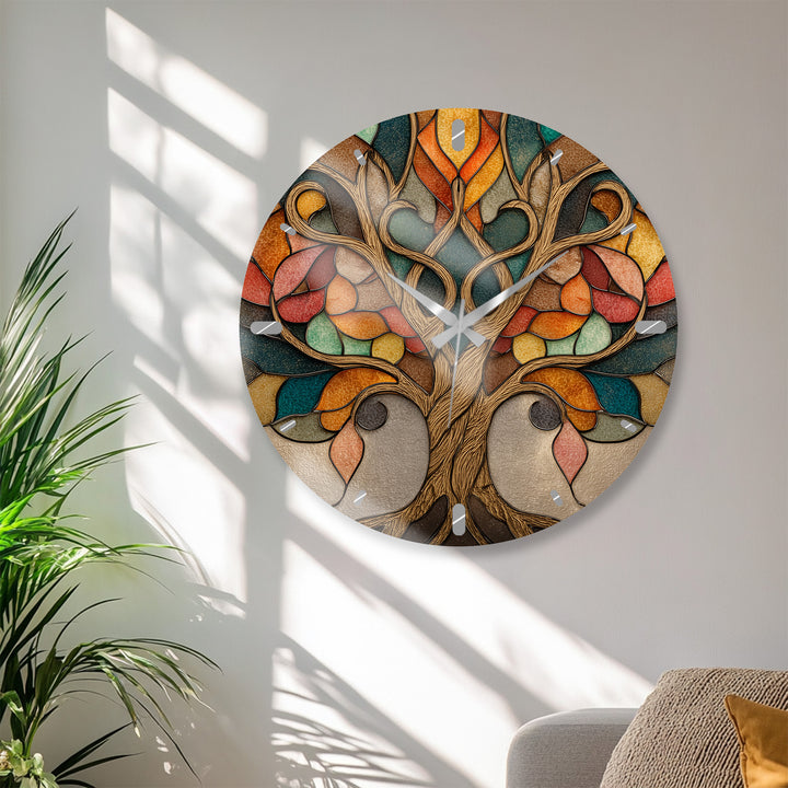 Autumn Tree of Life Glass Wall Clock – Stained Glass Style Decor