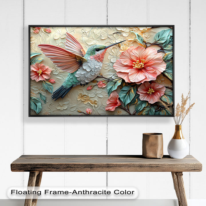Spring Hummingbird with Pink Flowers – Framed Oil Painting