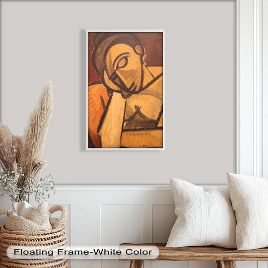 Dominant colors of earthy yellow and brown create a cubist oil painting home decor in the style of Picasso, showcasing a contemplative, earth-toned portrait filled with abstract stillness.