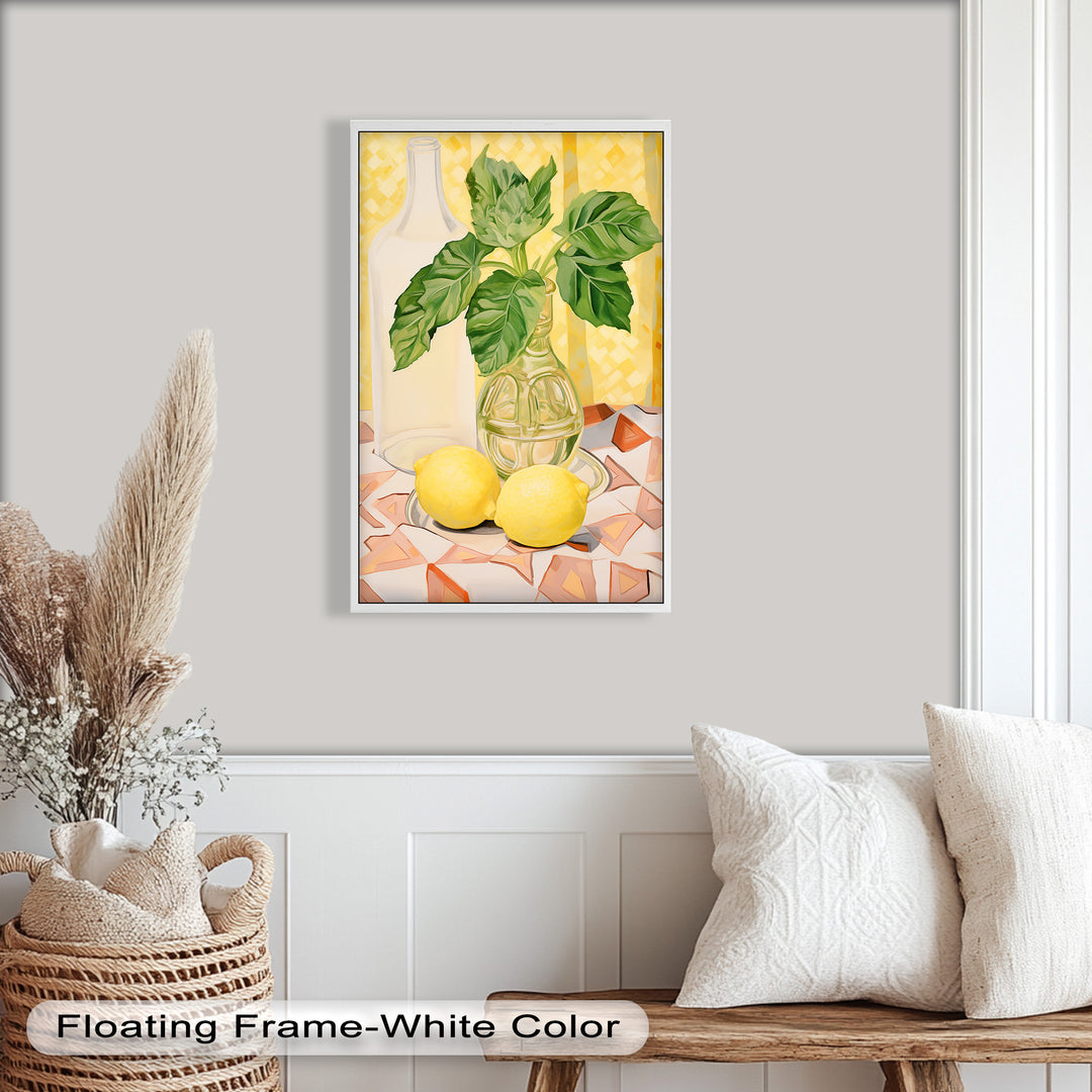 This bright and cheerful still life painting features two vibrant lemons resting beside a leafy green bouquet in a glass vase against a warm yellow backdrop.