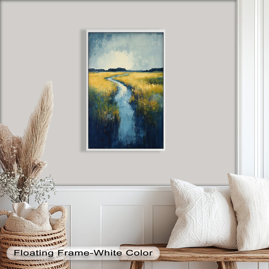 Golden Fields and Blue Stream – Contemporary Landscape Oil Painting