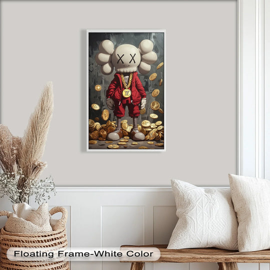 The stylish KAWS Companion, the central subject of this oil painting, embodies an urban aesthetic in a red streetwear ensemble with gold LV coins, making it a unique oil painting art piece.
