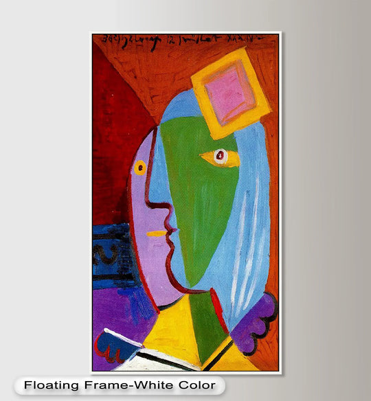 Visual rhythm pulsates throughout this colorful woman Picasso style oil painting, a modern oil painting art, highlighted by its cubist forms and golden accents.