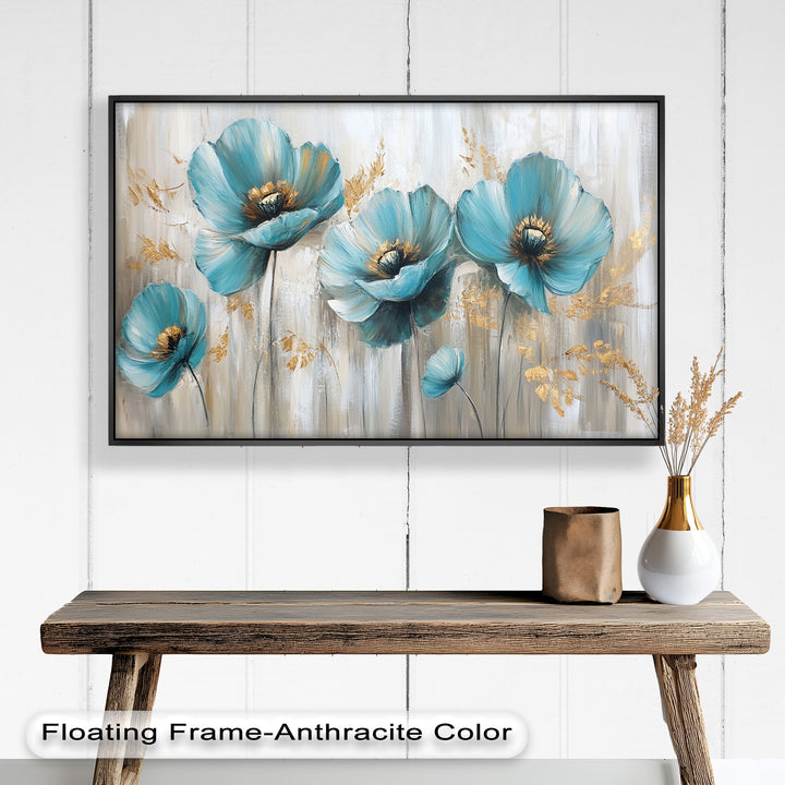 Blue Poppies with Metallic Accents - Flower Oil Painting