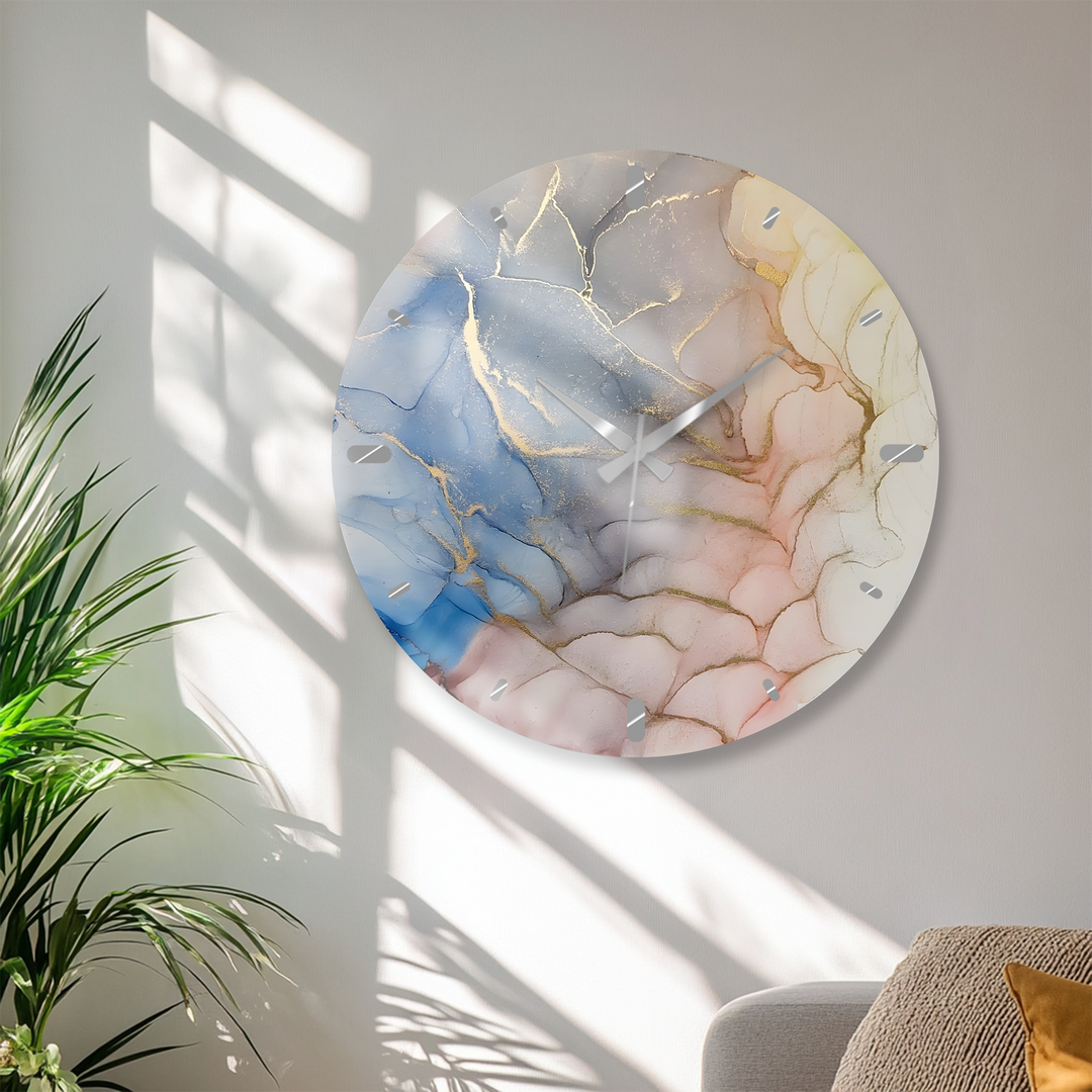 Pastellrosa und blaue Marmorglas-Wanduhr