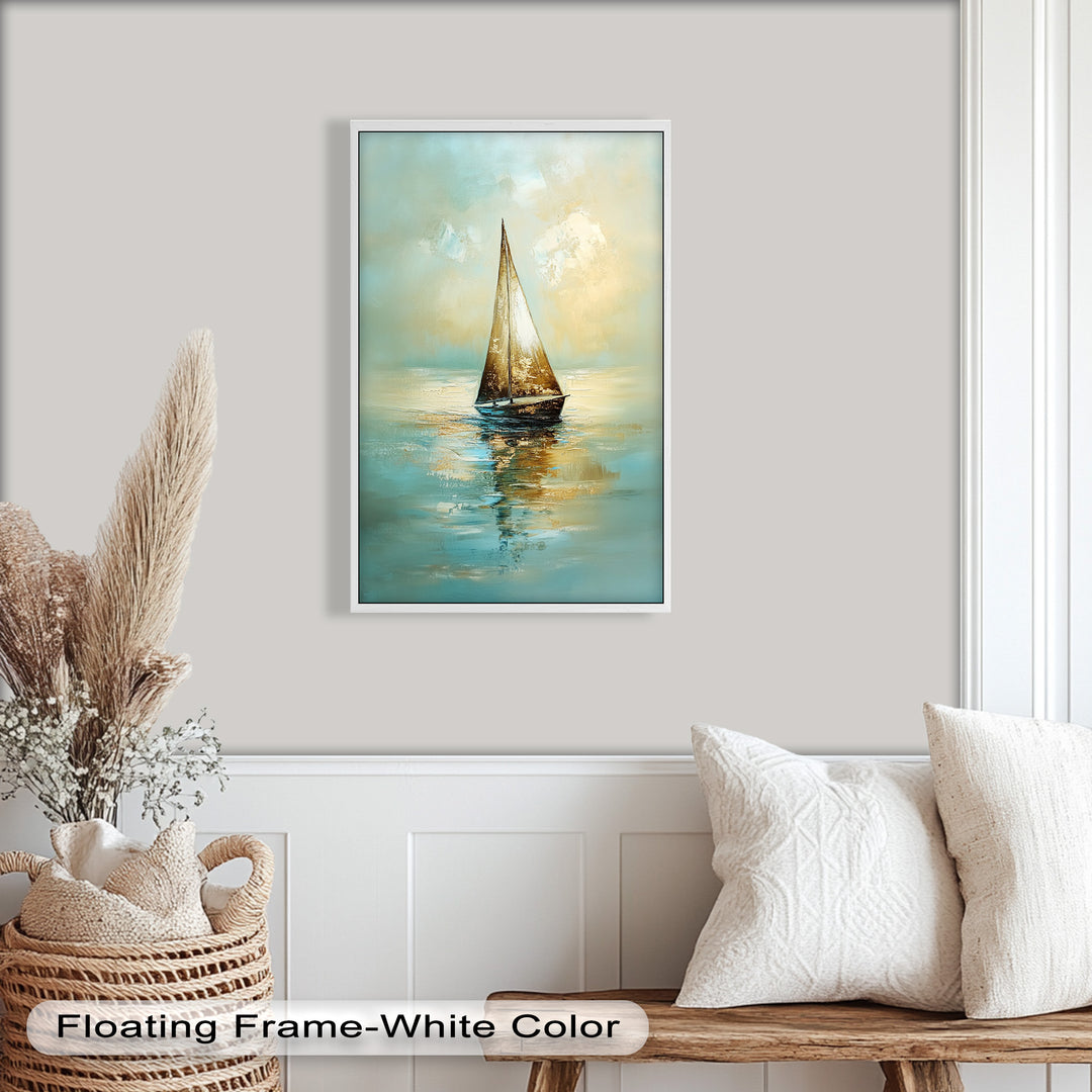 Golden Drift – Ruhiges Segelboot bei Sonnenaufgang, Boot-Ölgemälde