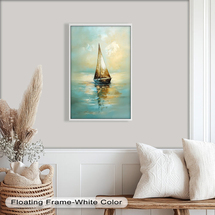 Golden Drift – Ruhiges Segelboot bei Sonnenaufgang, Boot-Ölgemälde